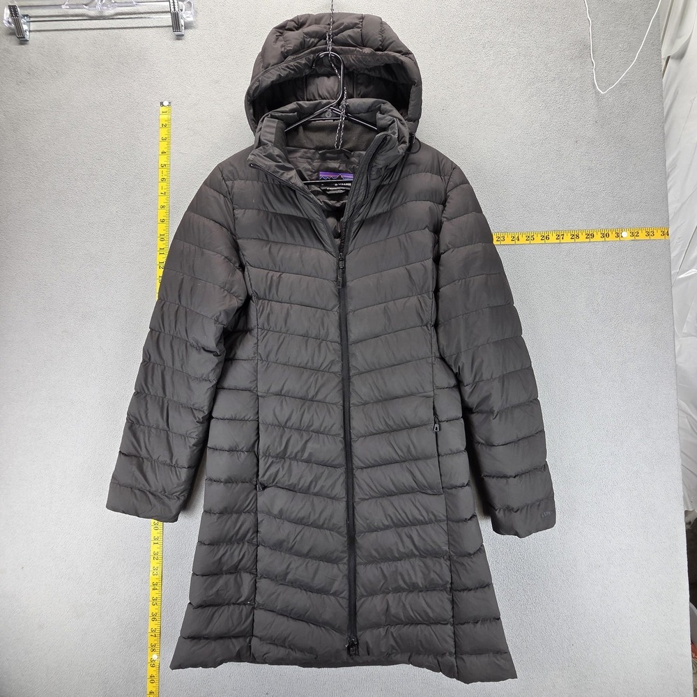 Patagonia Womens Small Silent Down Parka Long Puffer Hooded Coat Black